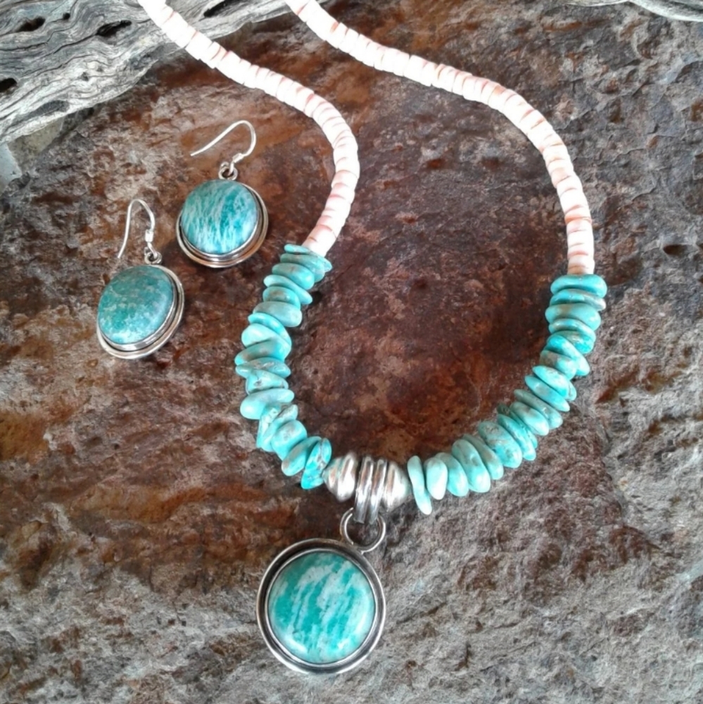 Sterling Silver Turquoise Amazonite Necklace Set - image 4